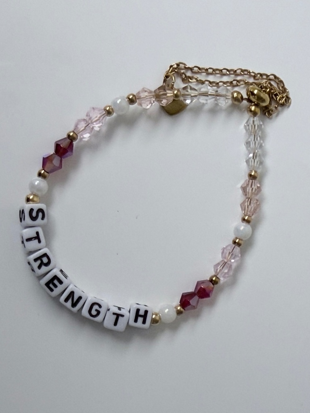 Strength Gold & Pink Beaded Word Bolo Bracelet | Cancer Support Inspirational